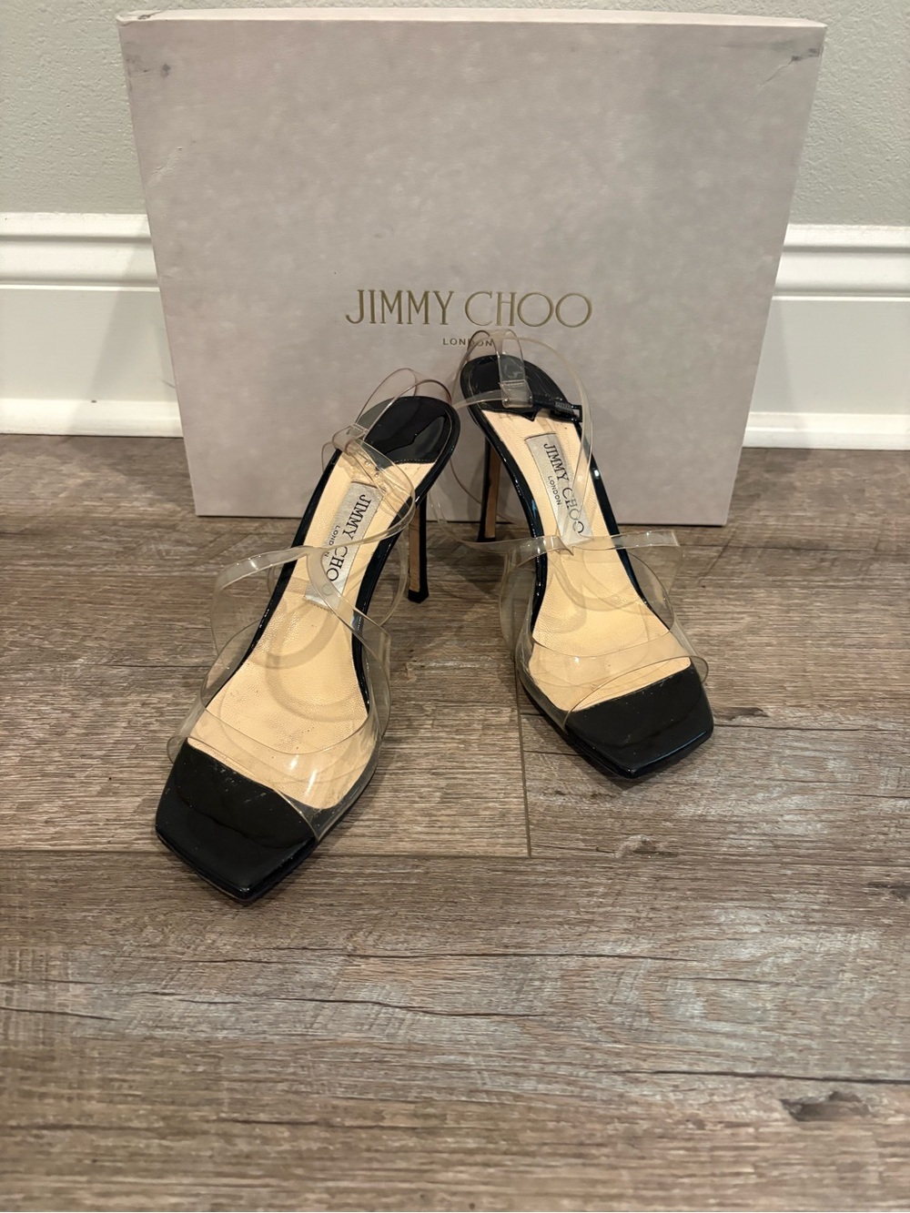 Jimmy Choo Black and Clear PVC Stiletto Sandals